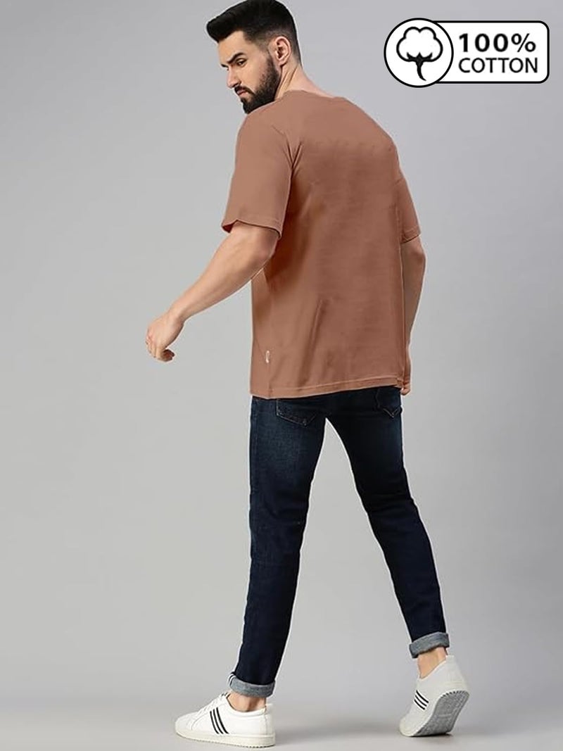 Veirdo®Cork Oversized Baggy Fit Drop Shoulder Half Sleeves Round Neck Solid Pure Cotton T-Shirt for Men (OS_100_Cork_M) - Image 4