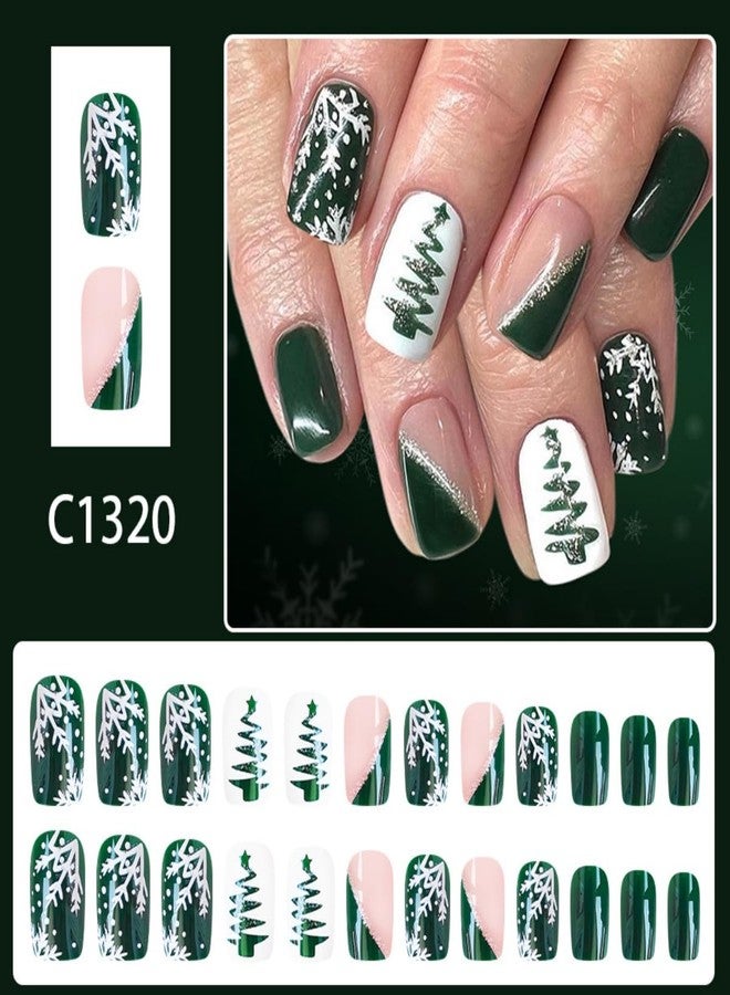 ROKHEVN Christmas Press on Nails Short Square Fake Nails with Snowflake Christmas trees Design Stick on Nails Green Nails Press Ons Artificial Acrylic Glue On Nail for Women Nail Art Decoration 24Pcs - Image 4