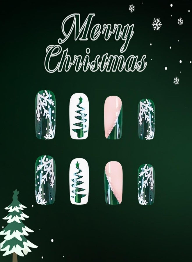 ROKHEVN Christmas Press on Nails Short Square Fake Nails with Snowflake Christmas trees Design Stick on Nails Green Nails Press Ons Artificial Acrylic Glue On Nail for Women Nail Art Decoration 24Pcs - Image 3