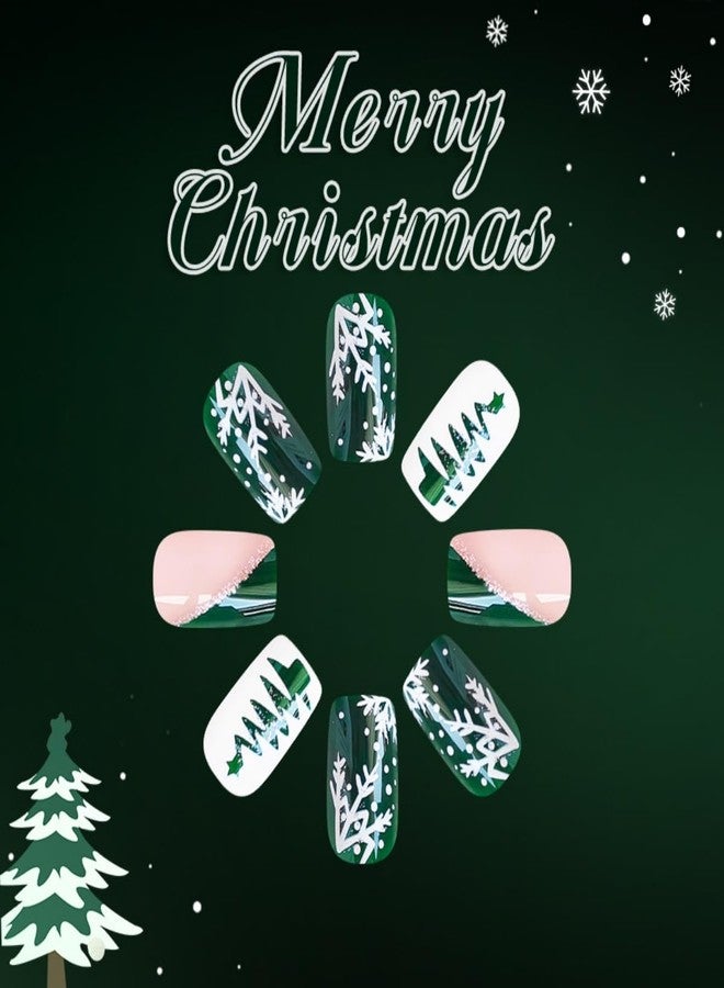 ROKHEVN Christmas Press on Nails Short Square Fake Nails with Snowflake Christmas trees Design Stick on Nails Green Nails Press Ons Artificial Acrylic Glue On Nail for Women Nail Art Decoration 24Pcs - Image 2