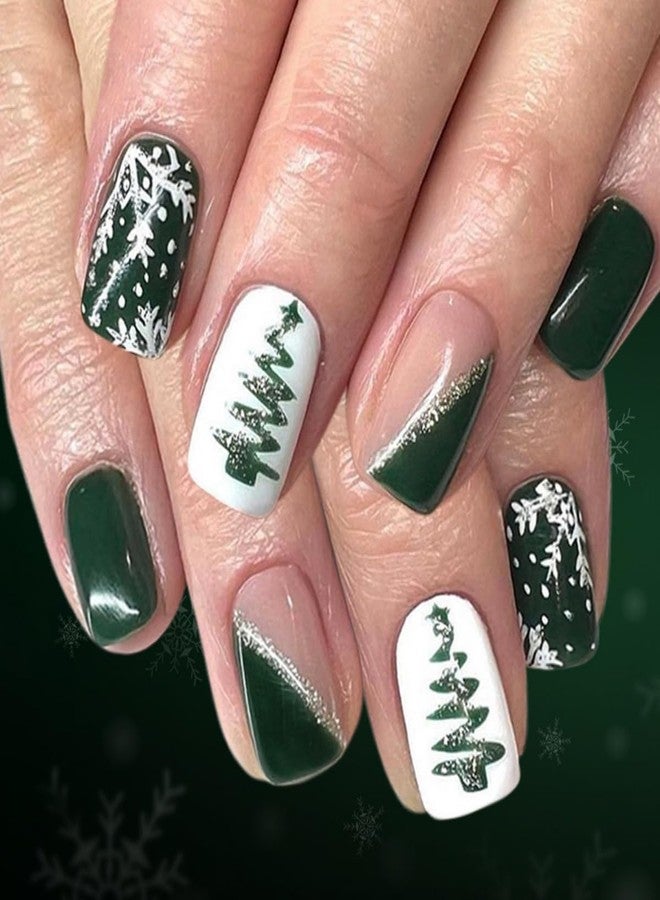 ROKHEVN Christmas Press on Nails Short Square Fake Nails with Snowflake Christmas trees Design Stick on Nails Green Nails Press Ons Artificial Acrylic Glue On Nail for Women Nail Art Decoration 24Pcs - Image 1
