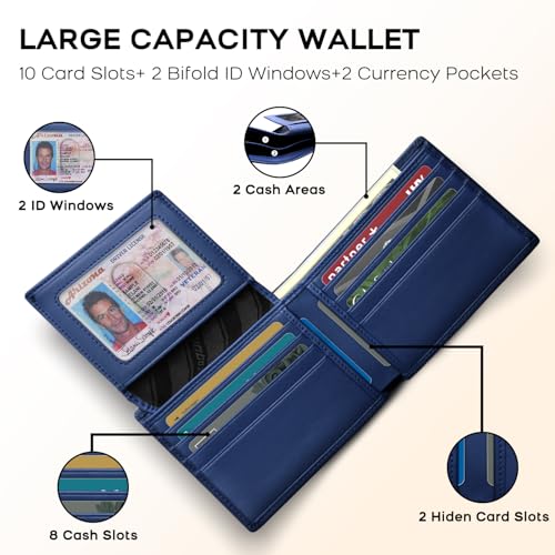 RUNBOX Genuine Leather Wallet for Men 12 Cards Mens Wallet Bifold Rfid Blocking with 2 ID Windows Card Holder Wallet with Gift Box - Image 4