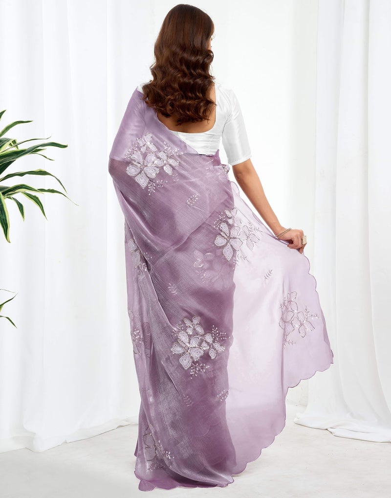 SIRIL Women's Shimmer Chiffon Sequence Embroidery Saree for Wedding Parties With Unstitched Blouse Piece (3997S123AA_Lavender) - Image 4