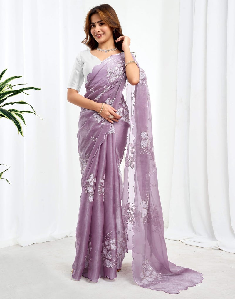 SIRIL Women's Shimmer Chiffon Sequence Embroidery Saree for Wedding Parties With Unstitched Blouse Piece (3997S123AA_Lavender) - Image 3