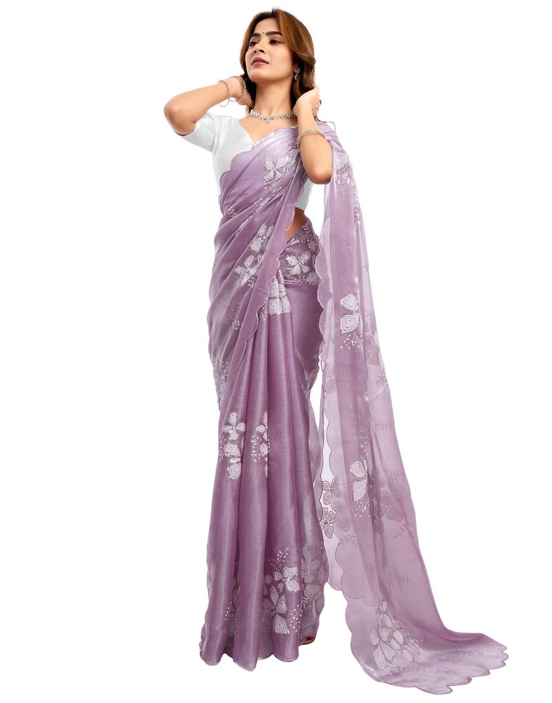 SIRIL Women's Shimmer Chiffon Sequence Embroidery Saree for Wedding Parties With Unstitched Blouse Piece (3997S123AA_Lavender) - Image 1