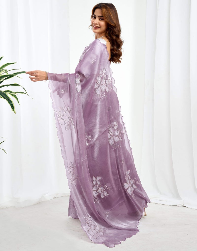 SIRIL Women's Shimmer Chiffon Sequence Embroidery Saree for Wedding Parties With Unstitched Blouse Piece (3997S123AA_Lavender) - Image 2