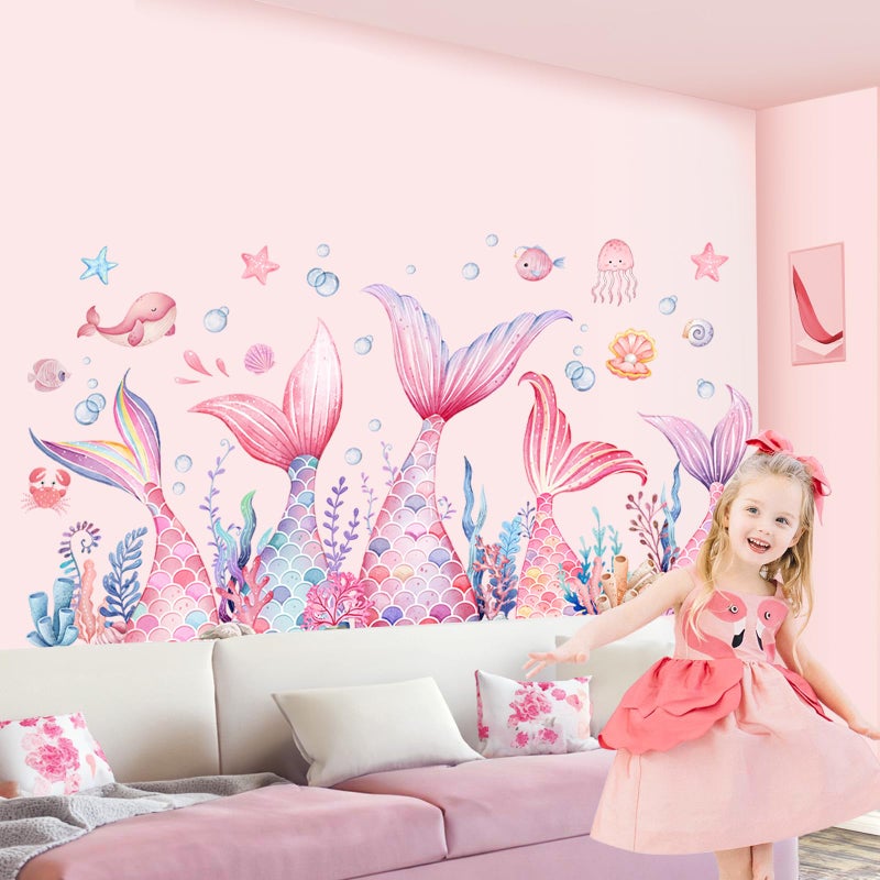 sunoyar Mermaid Wall Decals for Baby Girls, Mermaid Tail Wall Stickers Removable, Peel & Stick Pink Under The Sea Bubble Seaweed Wall Decor for Bedroom Nursery Bathroom - Image 2