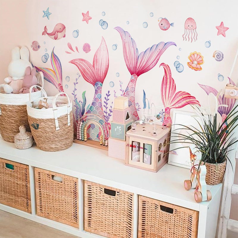 sunoyar Mermaid Wall Decals for Baby Girls, Mermaid Tail Wall Stickers Removable, Peel & Stick Pink Under The Sea Bubble Seaweed Wall Decor for Bedroom Nursery Bathroom - Image 5