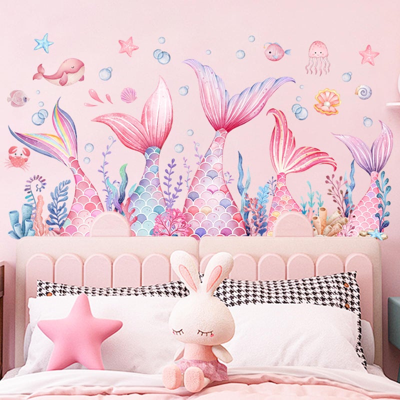 sunoyar Mermaid Wall Decals for Baby Girls, Mermaid Tail Wall Stickers Removable, Peel & Stick Pink Under The Sea Bubble Seaweed Wall Decor for Bedroom Nursery Bathroom - Image 1