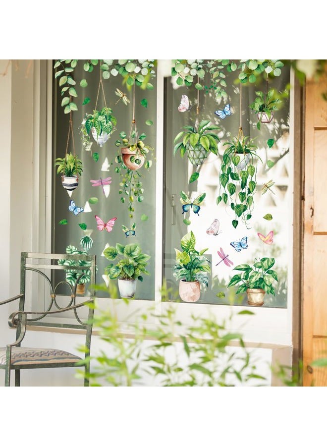 Whaline 6 Sheet Potted Plant Window Clings Hanging Vine Plant Eucalyptus Leaves Reusable Window Decals for Home School Office Spring Summer Party Supplies - Image 2