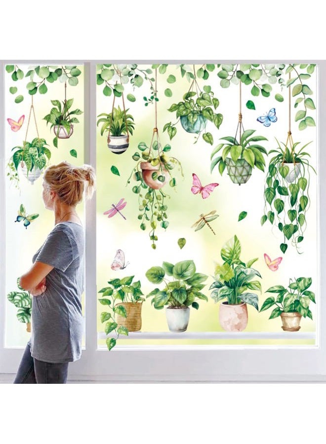 Whaline 6 Sheet Potted Plant Window Clings Hanging Vine Plant Eucalyptus Leaves Reusable Window Decals for Home School Office Spring Summer Party Supplies - Image 1