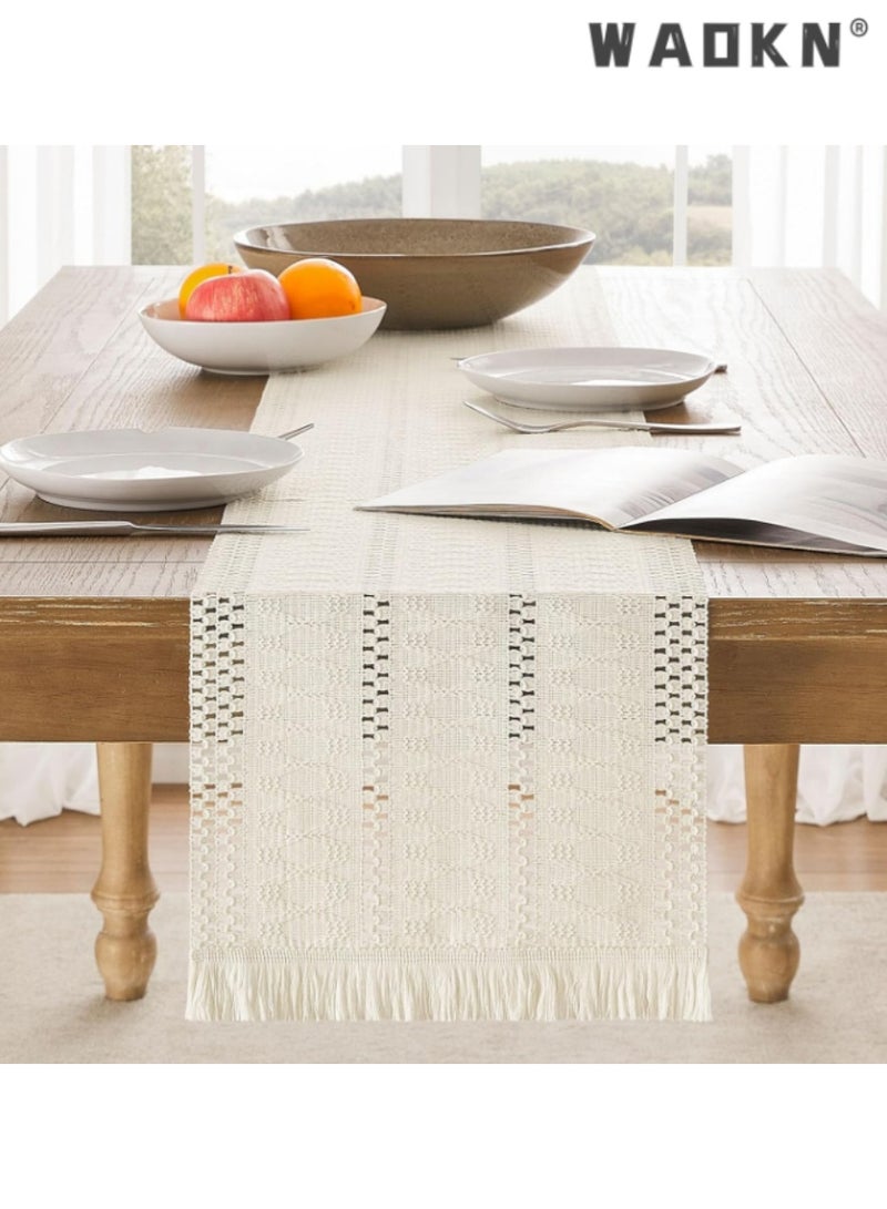 WAOKN Cream Table Runner with Long Tassels, Elegant Table Scarf for Dining Tables, Adds a Touch of Sophistication to Your Home Decor, Ideal for Everyday Use and Special Occasions,30*183 cm - Image 2