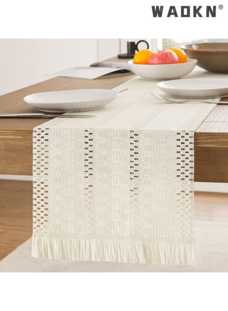 WAOKN Cream Table Runner with Long Tassels, Elegant Table Scarf for Dining Tables, Adds a Touch of Sophistication to Your Home Decor, Ideal for Everyday Use and Special Occasions,30*183 cm - Image 1