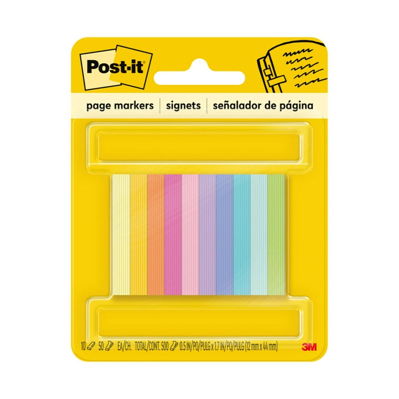 Post It Post-it Page Markers, Assorted Bright Colors, 1/2 in x 2 in, 50 Markers/Pad, 10 Pads/Pack (670-10AB) - Image 1
