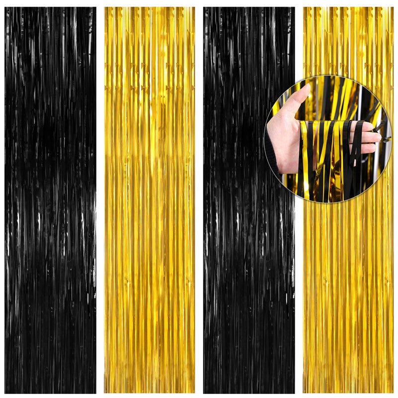 BTSD-home BTSDhome 4 Pack Black Gold Metallic Foil Fringe Curtain Tinsel Streamer Party Decorations Photo Booth Backdrop for Bachelorette Birthday Halloween