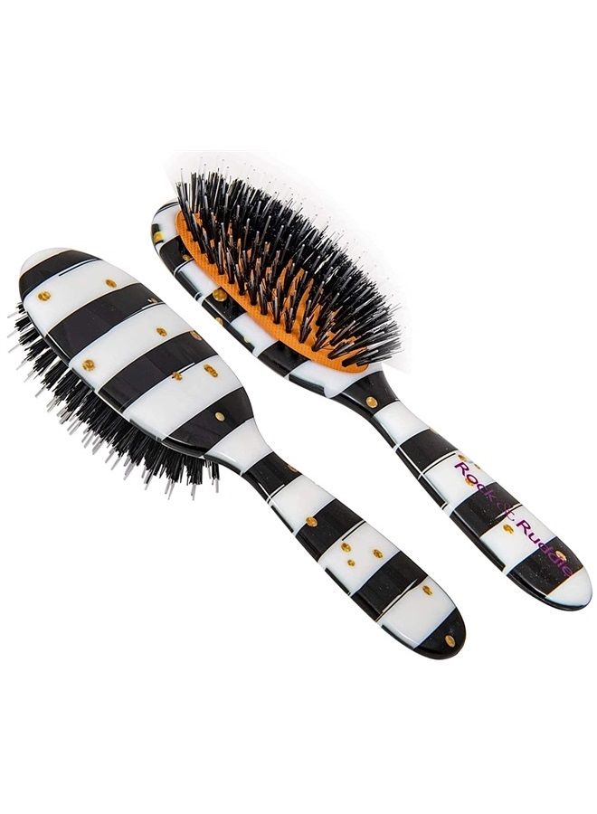 Rock & Ruddle Natural Mixed Boar Bristle Hair Brush for Women Kids (Small 6.9") - Perfect for Wet or Dry Hair, Detangling Smoothing Blowdrying - Designed, Made in UK - Black White Stripes Gold Dots De - Image 1