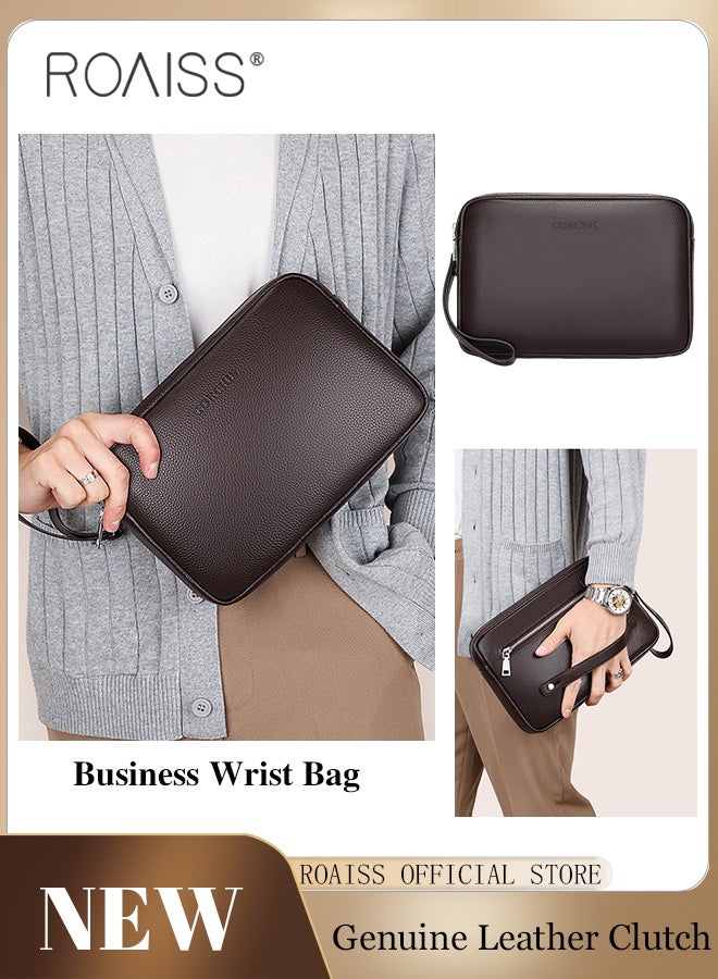 رويس حقيبة كلاتش رجالية كاجوال من الجلد الطبيعي بسعة كبيرة من جلد البقر الناعم عالي الجودة مع مقبض محمول وسهل التخزين وسحاب متعدد الوظائف باللون البني - Image 1