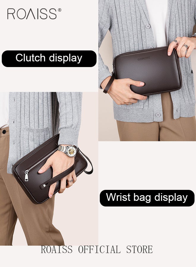 رويس حقيبة كلاتش رجالية كاجوال من الجلد الطبيعي بسعة كبيرة من جلد البقر الناعم عالي الجودة مع مقبض محمول وسهل التخزين وسحاب متعدد الوظائف باللون البني - Image 4