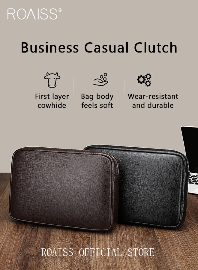 رويس حقيبة كلاتش رجالية كاجوال من الجلد الطبيعي بسعة كبيرة من جلد البقر الناعم عالي الجودة مع مقبض محمول وسهل التخزين وسحاب متعدد الوظائف باللون البني - Image 2