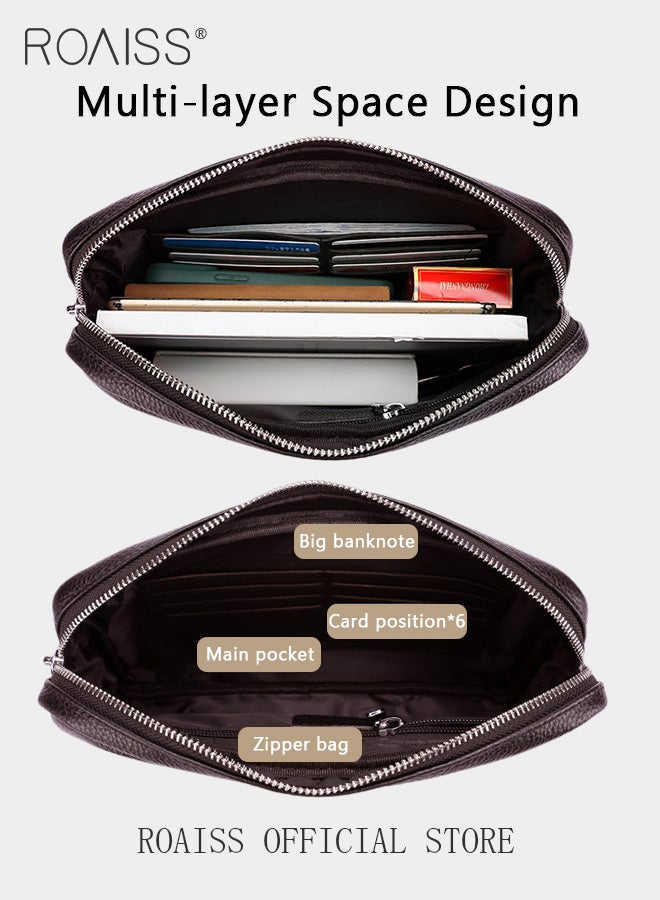 رويس حقيبة كلاتش رجالية كاجوال من الجلد الطبيعي بسعة كبيرة من جلد البقر الناعم عالي الجودة مع مقبض محمول وسهل التخزين وسحاب متعدد الوظائف باللون البني - Image 3