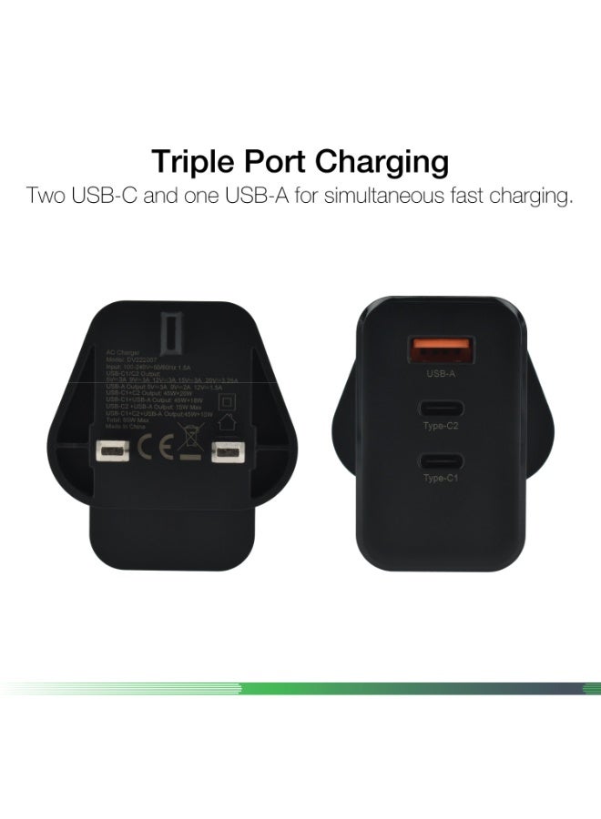 Dviced Wall charger with 65W GaN - 2 USB-C 1 USB-A ports UK plug - Black - Image 3