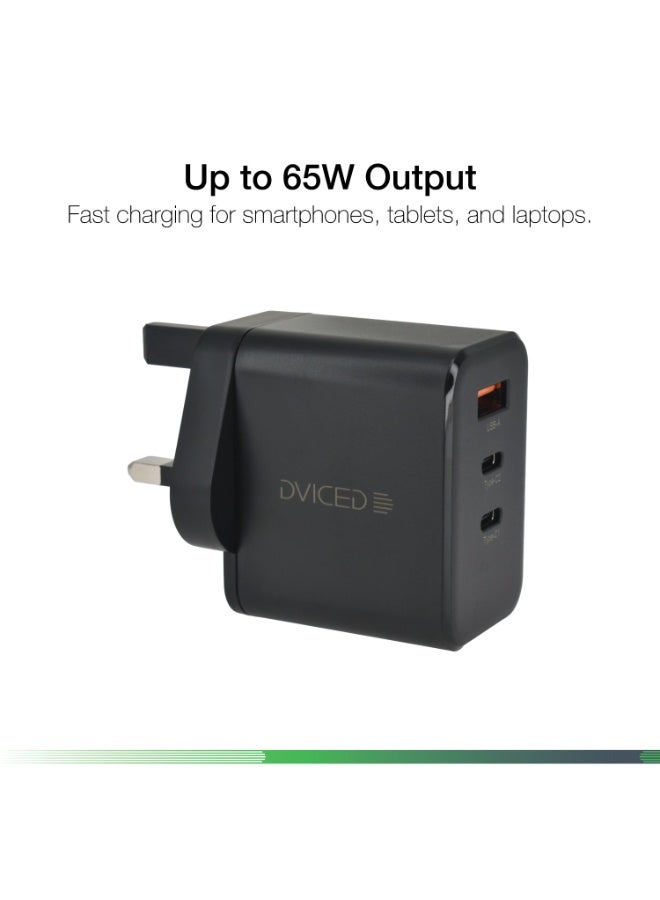 Dviced Wall charger with 65W GaN - 2 USB-C 1 USB-A ports UK plug - Black - Image 2