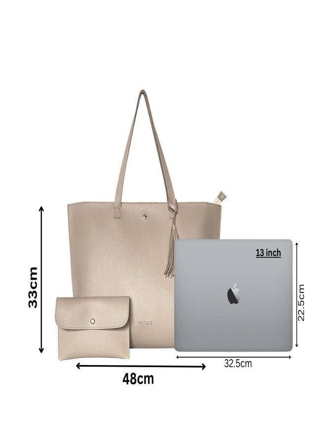 IMARS Women’s Beige Textured Tote Bag | Large Vegan Leather Shoulder Handbag for Office, Daily & Travel Use with Tassel & Free Pouch - Image 4
