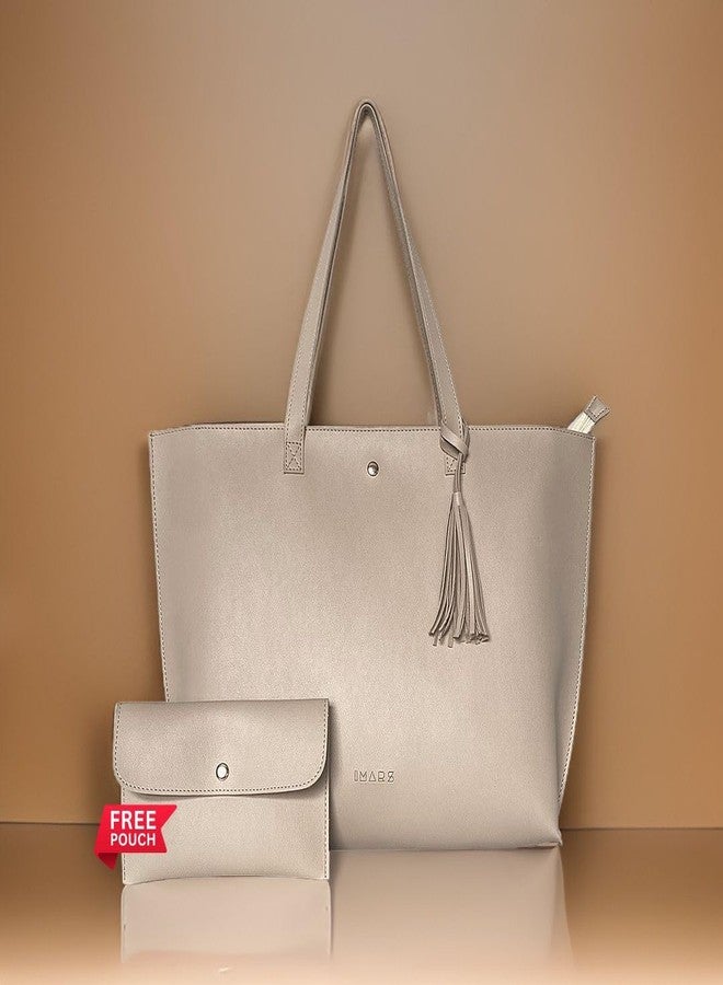 IMARS Women’s Beige Textured Tote Bag | Large Vegan Leather Shoulder Handbag for Office, Daily & Travel Use with Tassel & Free Pouch - Image 3