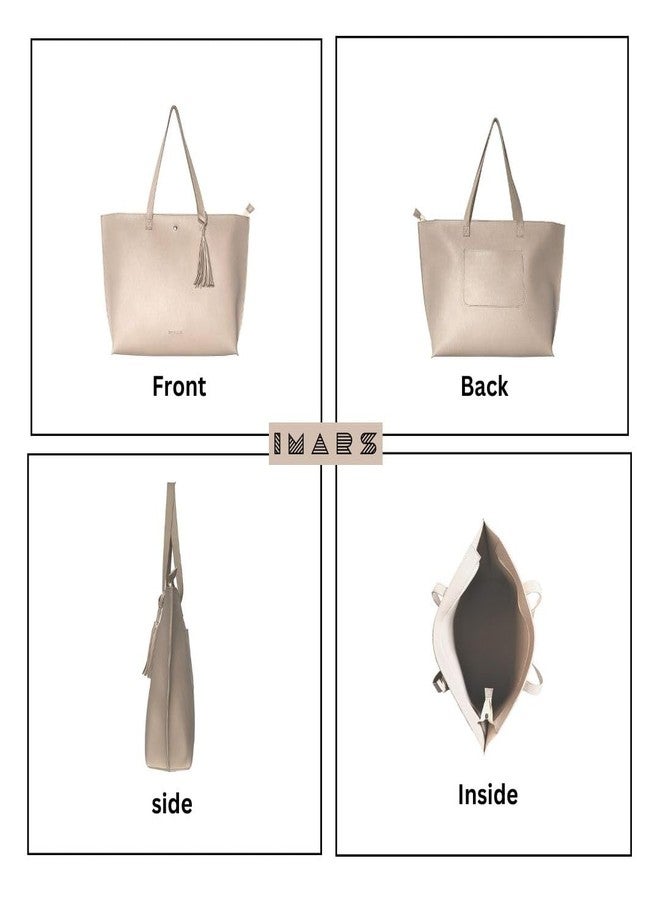 IMARS Women’s Beige Textured Tote Bag | Large Vegan Leather Shoulder Handbag for Office, Daily & Travel Use with Tassel & Free Pouch - Image 5
