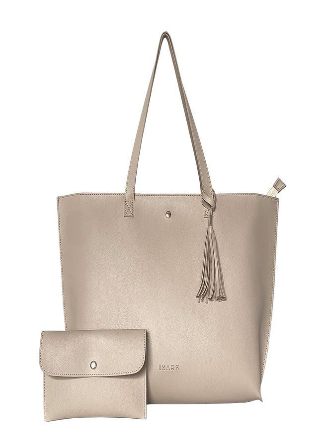 IMARS Women’s Beige Textured Tote Bag | Large Vegan Leather Shoulder Handbag for Office, Daily & Travel Use with Tassel & Free Pouch - Image 1