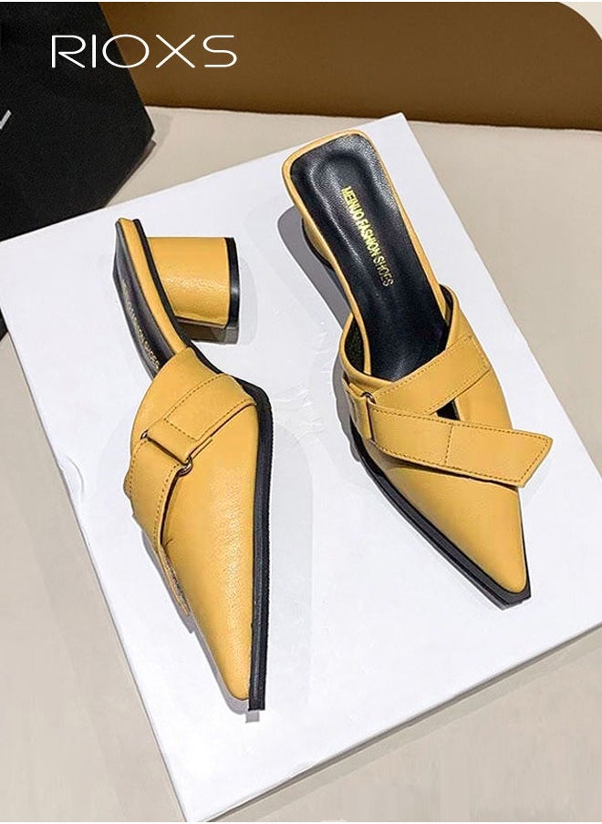 RIOXS Women's Mules, Closed Pointed Toe Strapless Backless Sandals, Casual Low Heeled Sandals For Women, Chunky Heel Slippers For Work And Party, Comfortable Slip On Mules Dressy Shoes  - Image 1