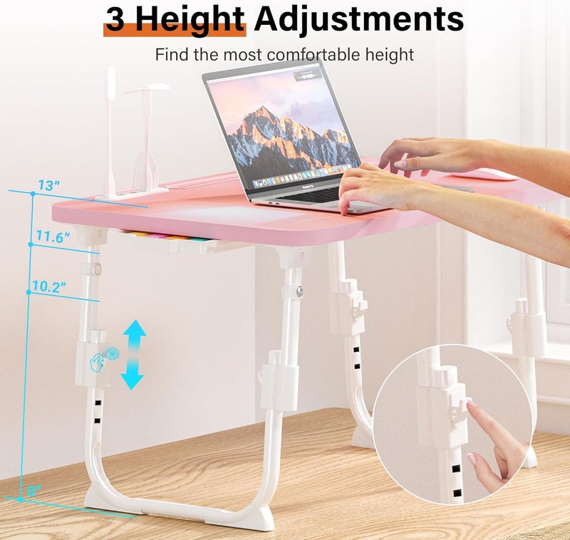 DECOSIS Bed Desk Height Adjustable, Bed Laptop Table with USB/Storage Drawer/Cup Holder/Tablet Stand/Book Shelf, Foldable Breakfast Tray Portable for Reading Writing, Bed, Sofa & Floor, Wood, Pink - Image 2