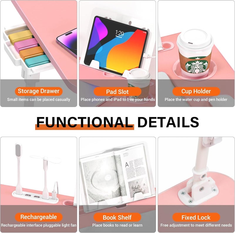 DECOSIS Bed Desk Height Adjustable, Bed Laptop Table with USB/Storage Drawer/Cup Holder/Tablet Stand/Book Shelf, Foldable Breakfast Tray Portable for Reading Writing, Bed, Sofa & Floor, Wood, Pink - Image 5