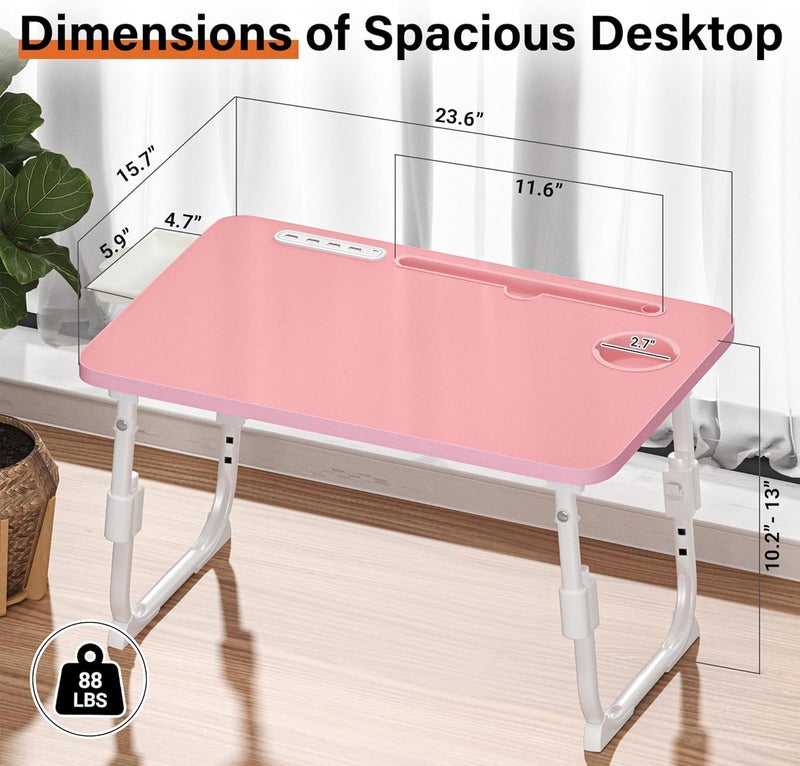 DECOSIS Bed Desk Height Adjustable, Bed Laptop Table with USB/Storage Drawer/Cup Holder/Tablet Stand/Book Shelf, Foldable Breakfast Tray Portable for Reading Writing, Bed, Sofa & Floor, Wood, Pink - Image 4
