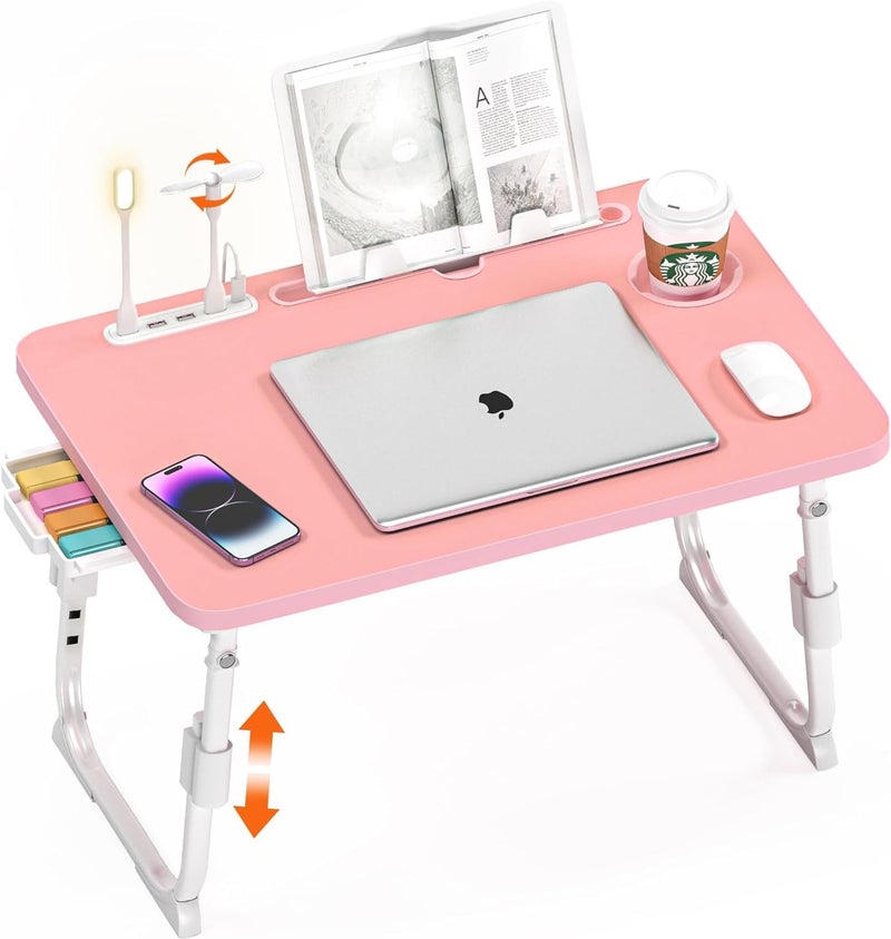 DECOSIS Bed Desk Height Adjustable, Bed Laptop Table with USB/Storage Drawer/Cup Holder/Tablet Stand/Book Shelf, Foldable Breakfast Tray Portable for Reading Writing, Bed, Sofa & Floor, Wood, Pink - Image 1
