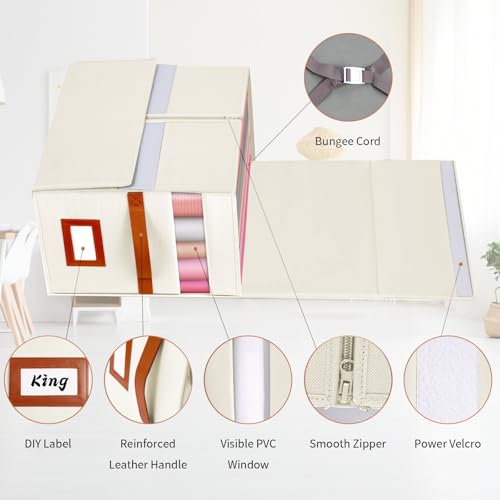 Jumpso 2 Pack Foldable Sheet Organizers and Storage with Oxford Fabric, Clear PVC Window & Leather Handle – Linen Closet Shett Storage for Bedding, Blankets, Duvet Cover Set, Quilt - Image 3