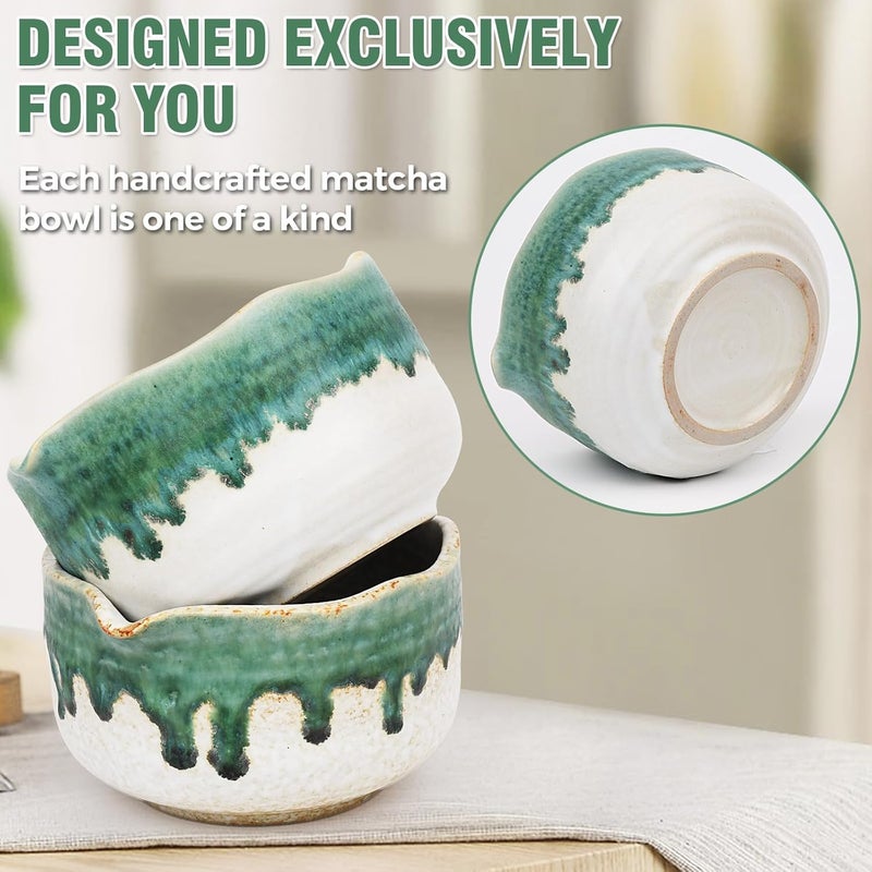 Roperu Pottery Matcha Set - Japanese Handcrafted Matcha Tea Bowl Mineral Glaze Bowl with Spout, Bamboo Whisk, Scoop & Chasen Holder | 4pc Tea Ceremony Kit for Matcha Lovers (Snowy Jade) - Image 3