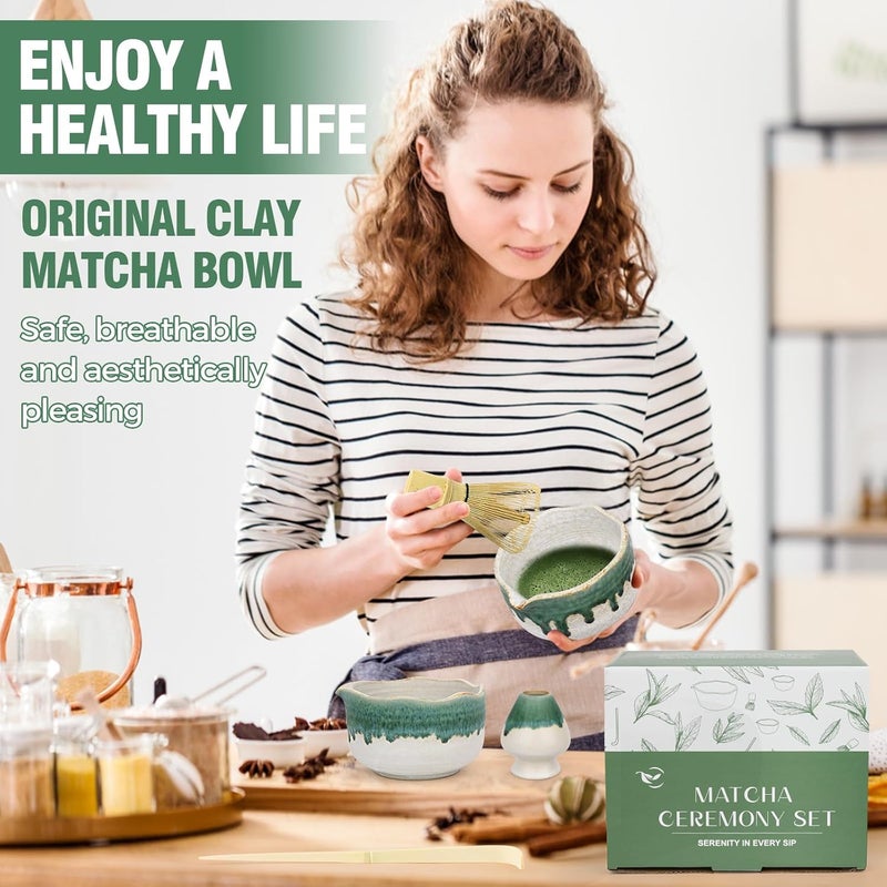 Roperu Pottery Matcha Set - Japanese Handcrafted Matcha Tea Bowl Mineral Glaze Bowl with Spout, Bamboo Whisk, Scoop & Chasen Holder | 4pc Tea Ceremony Kit for Matcha Lovers (Snowy Jade) - Image 5