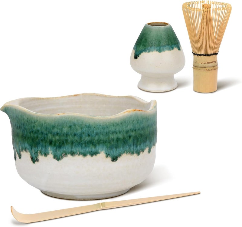 Roperu Pottery Matcha Set - Japanese Handcrafted Matcha Tea Bowl Mineral Glaze Bowl with Spout, Bamboo Whisk, Scoop & Chasen Holder | 4pc Tea Ceremony Kit for Matcha Lovers (Snowy Jade) - Image 2