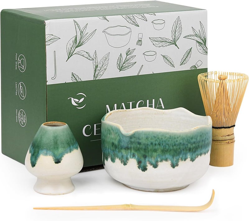 Roperu Pottery Matcha Set - Japanese Handcrafted Matcha Tea Bowl Mineral Glaze Bowl with Spout, Bamboo Whisk, Scoop & Chasen Holder | 4pc Tea Ceremony Kit for Matcha Lovers (Snowy Jade) - Image 1