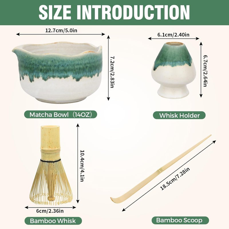 Roperu Pottery Matcha Set - Japanese Handcrafted Matcha Tea Bowl Mineral Glaze Bowl with Spout, Bamboo Whisk, Scoop & Chasen Holder | 4pc Tea Ceremony Kit for Matcha Lovers (Snowy Jade) - Image 4