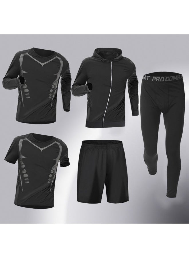 Half Zipper Men's Sports Tight Set with Elastic Quick Drying Five Piece Set for Training Cycling Running Fitness - Image 1