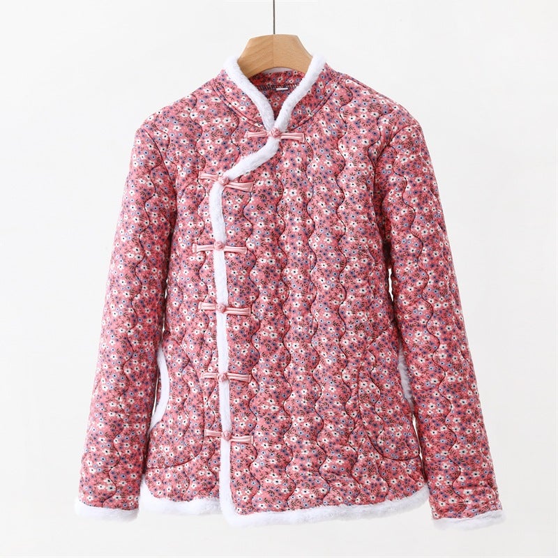 Thickened Floral Cotton Jacket Northeastern Womens Style with Button Design Autumn Winter Coat Elegant Commute Fashion Lotus root starch floral cotton plate buckle 