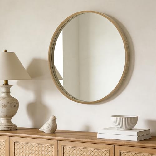 WallBeyond Round Mirror with Wood Frame, 28" Circle Modern Decoration Large Home Decor Mirror for Bathroom Living Room Bedroom Entryway (28" Diameter, Natural Wood) - Image 3