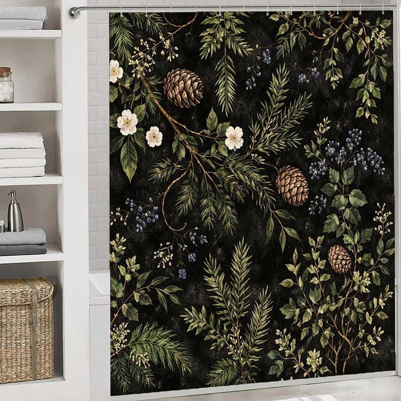 Botanical Forest Design with Pinecones and FlowersShower Curtain for Bathroom Waterproof Tan Shower Curtain with Hooks 71 inch x 71 inch - Image 2
