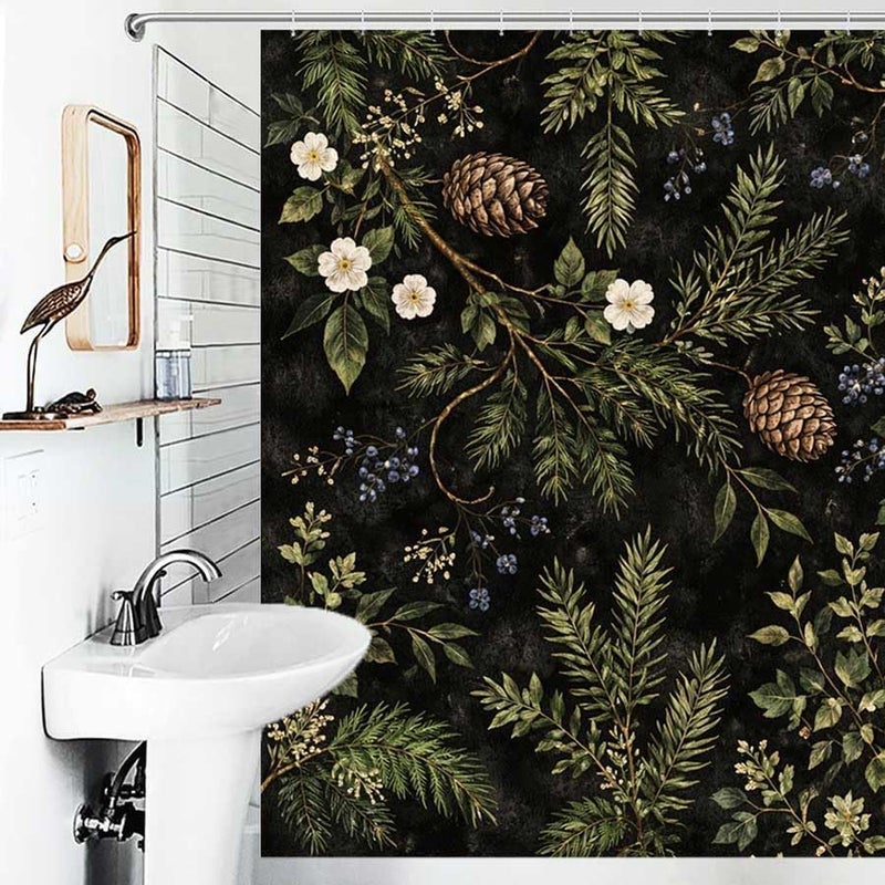 Botanical Forest Design with Pinecones and FlowersShower Curtain for Bathroom Waterproof Tan Shower Curtain with Hooks 71 inch x 71 inch - Image 4