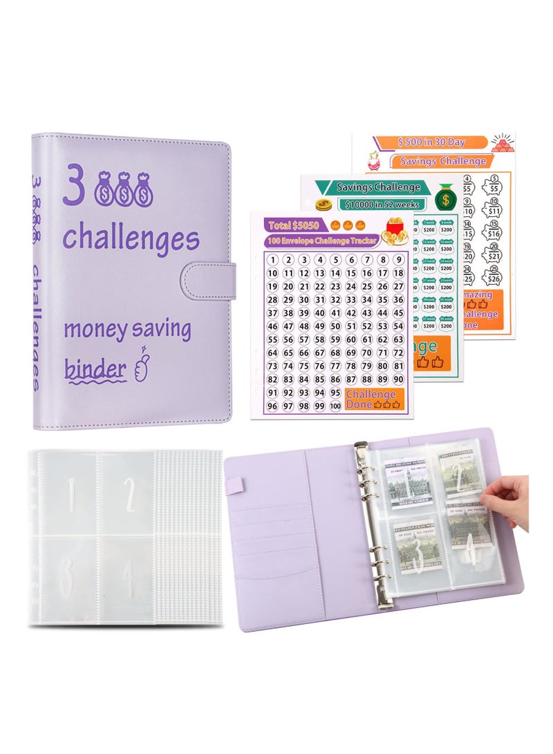 SYOSI 100 Envelopes Money Saving Challenge Binder with Cash Envelopes,A5 Budget Savings Challenges Book to Save $500, 5,050, 10,000 in 30 Days,100 Days and 52 Weeks (Purple) - Image 1