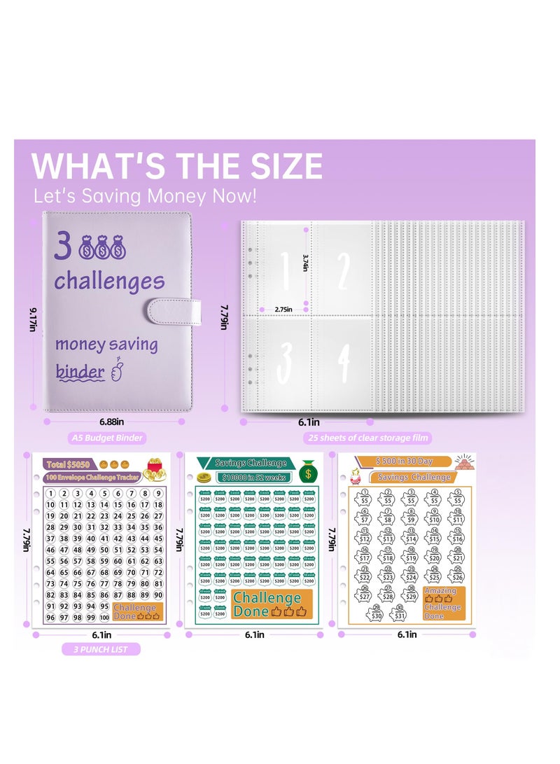 SYOSI 100 Envelopes Money Saving Challenge Binder with Cash Envelopes,A5 Budget Savings Challenges Book to Save $500, 5,050, 10,000 in 30 Days,100 Days and 52 Weeks (Purple) - Image 3