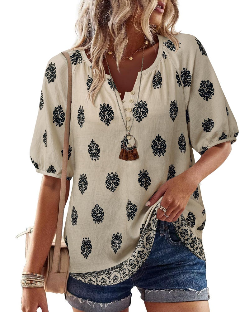 Unixseque Womens Shirts Dressy Casual: Floral Summer Shirt Boho Cute Tops Lightweight - Beach Vacation Clothes for Women - Flowy Babydoll Tops Vacation Outfits for Women - Image 2