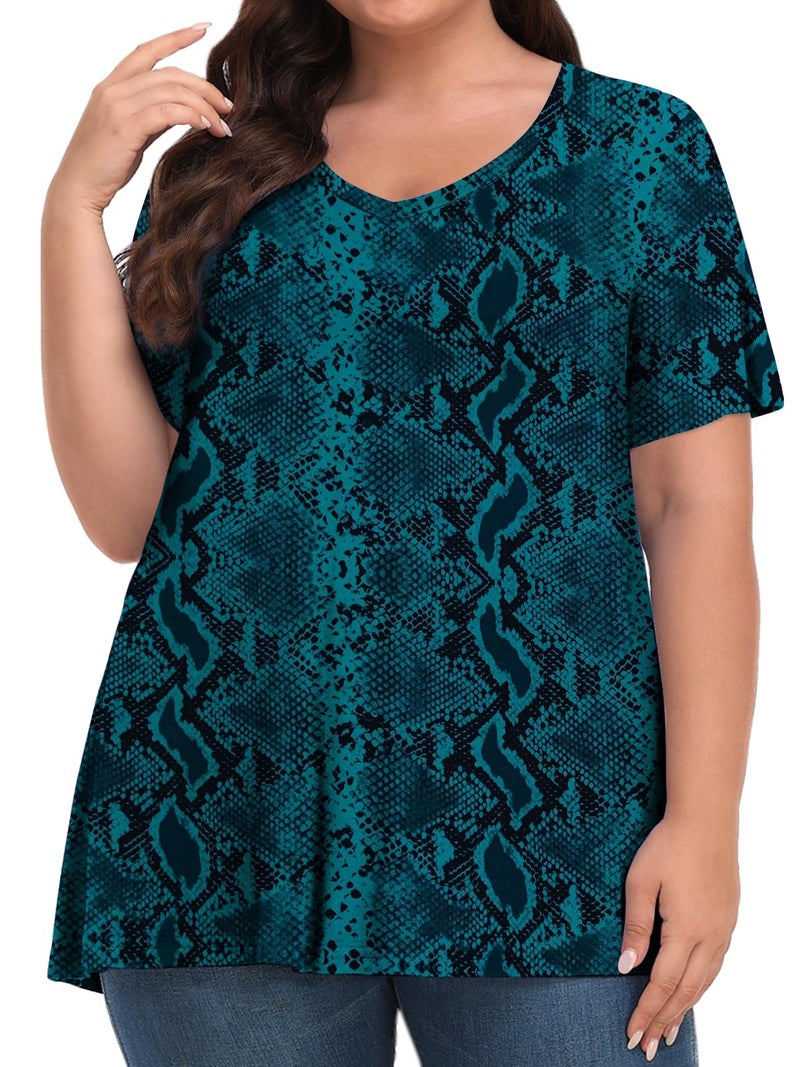 Tencede Womens Plus Size Tops Short Sleeve Tunic Shirts V Neck Summer Floral Loose Fit Blouse Green Snake Skin 3X - Image 2